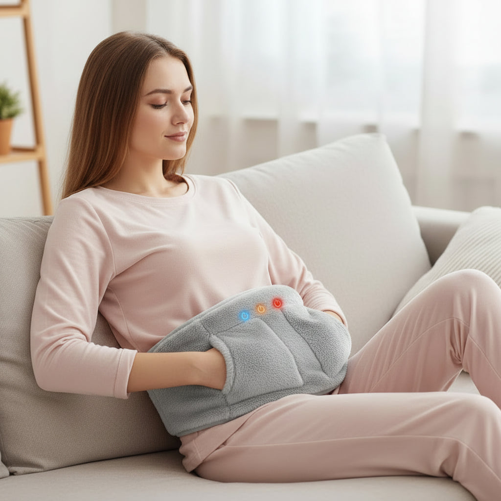 Woman wearing a menstrual heating belt with inset showing discomfort.